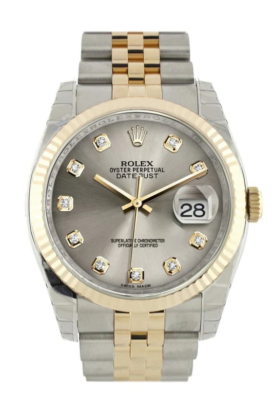 Rolex Datejust 36 Steel Grey Diamond Dial Fluted 18K Gold Two Tone Jubilee Watch 116233