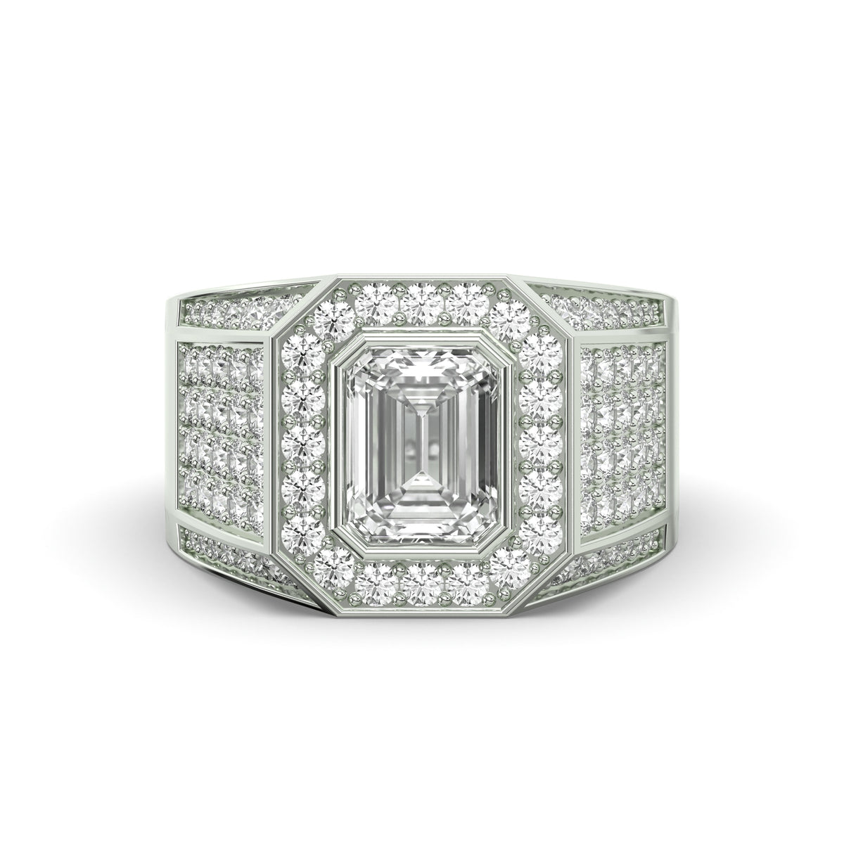 Men's Jewelry - Men's VVS Lab Diamond Ring | Emerald Cut and Round Halo | White Gold
