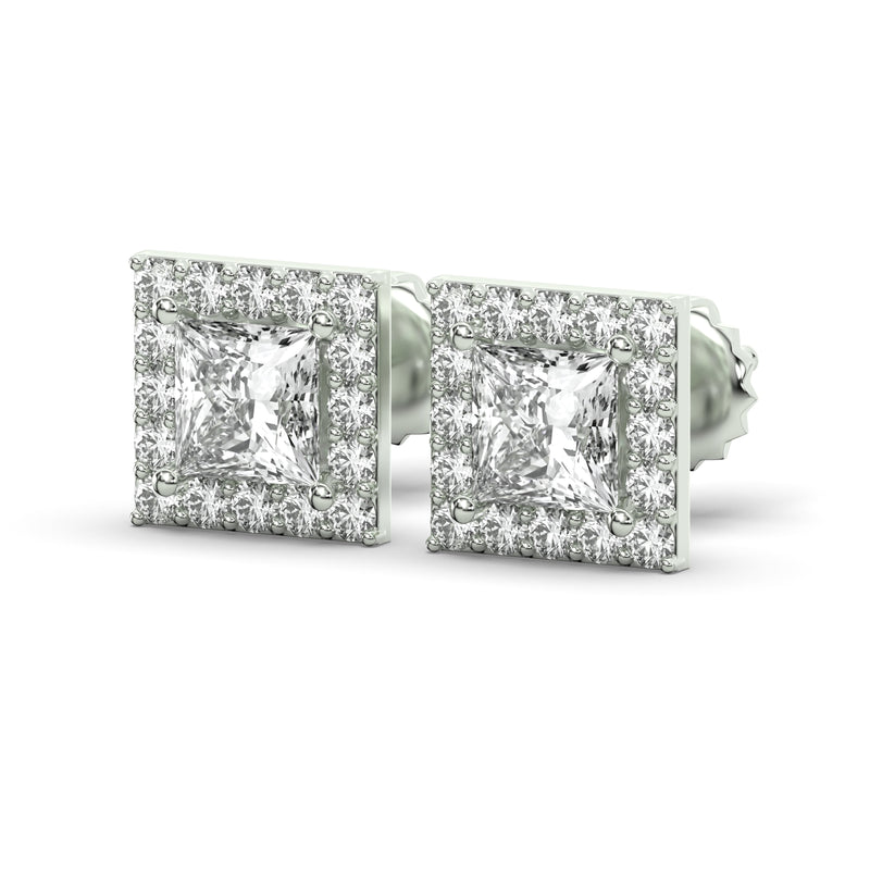 Men's Jewelry - VVS Lab Diamond Halo Princess Stud Earrings For Men | 14K White Gold