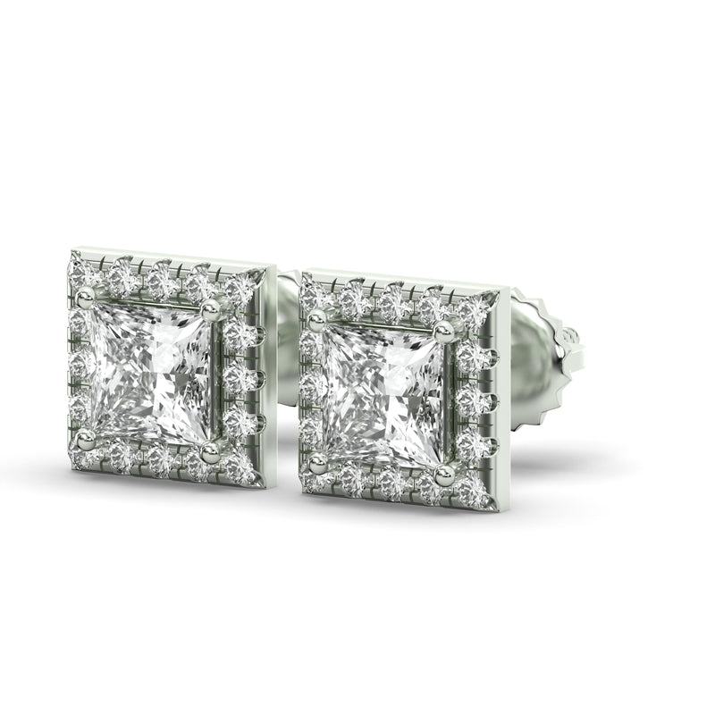 Men's Jewelry - VVS Lab Diamond Halo Princess Stud Earrings For Men | 14K White Gold