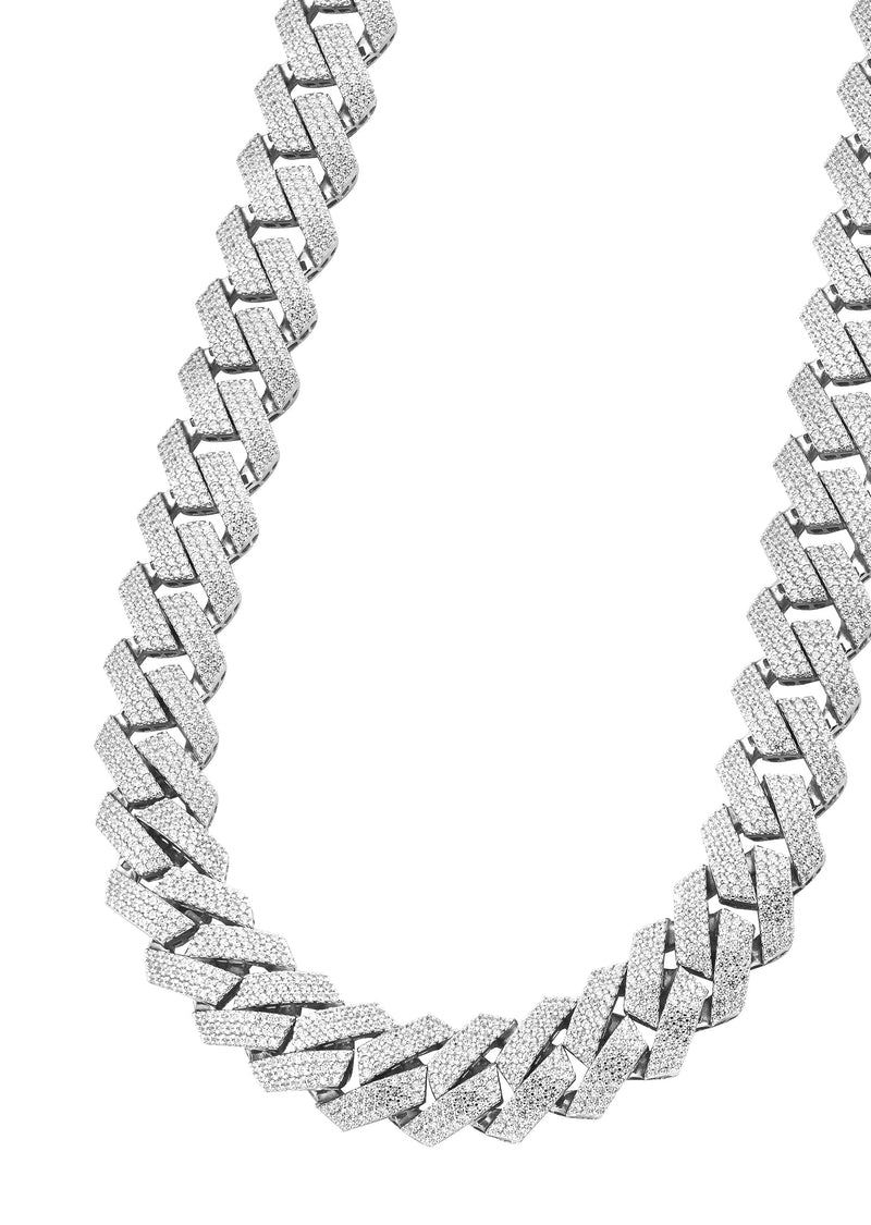 Silver Chain -  Hollow White Gold Iced Out Prong Cuban Link