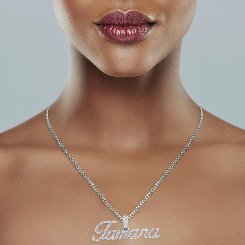 14K White Gold  Full Diamond Name Plate Necklace | Style #49
