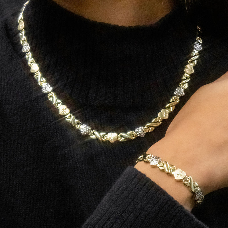 YELLOW GOLD "XO HEART" HOLLOW DIAMOND CUT TWO TONE NECKLACE & BRACELET SET FOR WOMEN  | APPX 17.3 GRAMS