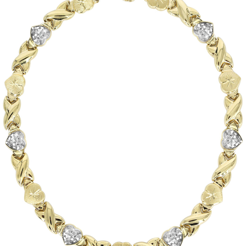 YELLOW GOLD "XO HEART" HOLLOW DIAMOND CUT TWO TONE NECKLACE & BRACELET SET FOR WOMEN  | APPX 17.3 GRAMS