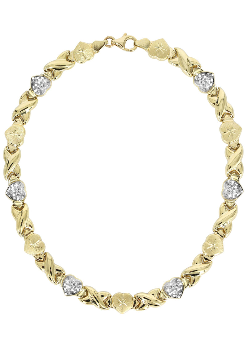 YELLOW GOLD "XO HEART" HOLLOW DIAMOND CUT TWO TONE NECKLACE FOR WOMEN | APPX 11.8 GRAMS