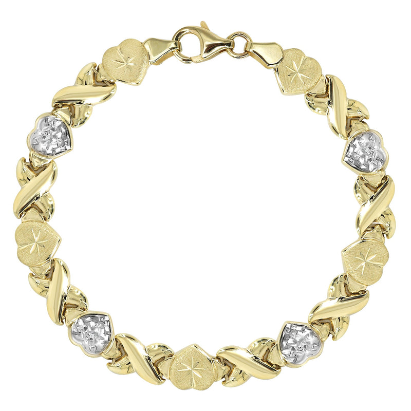 YELLOW GOLD "XO HEART" HOLLOW DIAMOND CUT TWO TONE BRACELET FOR WOMEN | APPX 5.5 GRAMS