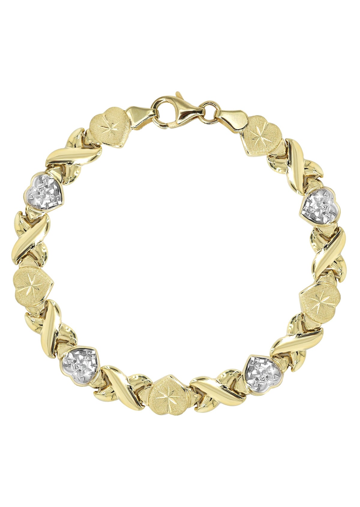 YELLOW GOLD "XO HEART" HOLLOW DIAMOND CUT TWO TONE BRACELET FOR WOMEN | APPX 5.5 GRAMS