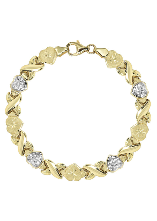 YELLOW GOLD "XO HEART" HOLLOW DIAMOND CUT TWO TONE BRACELET FOR WOMEN | APPX 5.5 GRAMS