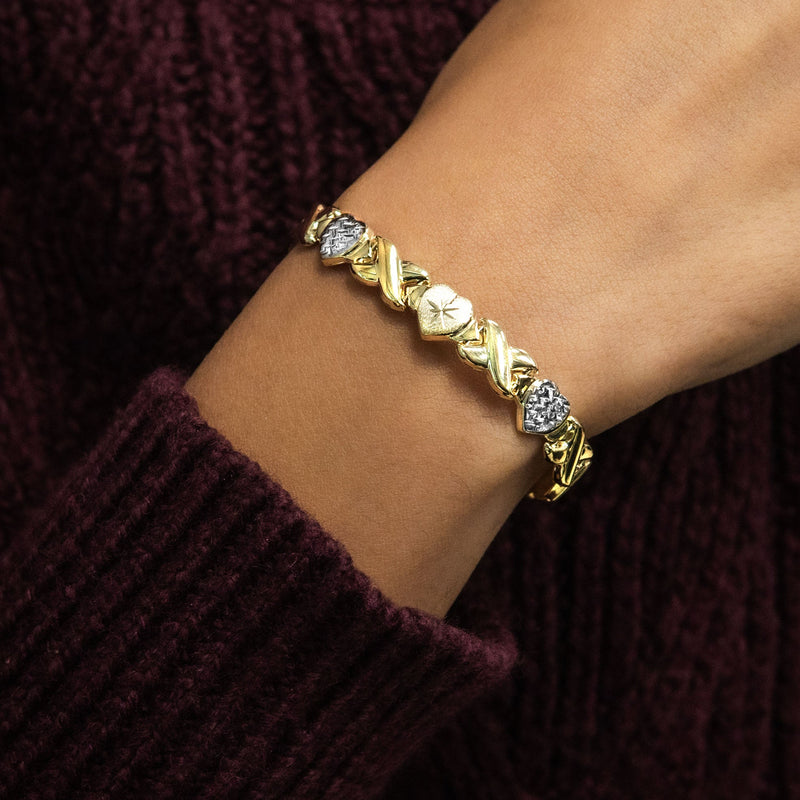 YELLOW GOLD "XO HEART" HOLLOW DIAMOND CUT TWO TONE NECKLACE & BRACELET SET FOR WOMEN  | APPX 17.3 GRAMS