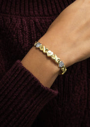 YELLOW GOLD "XO HEART" HOLLOW DIAMOND CUT TWO TONE BRACELET FOR WOMEN | APPX 5.5 GRAMS