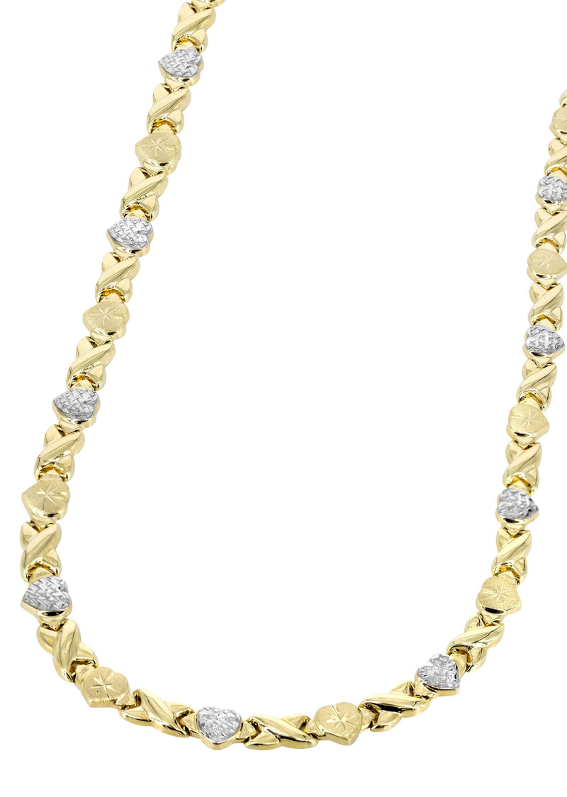YELLOW GOLD "XO HEART" HOLLOW DIAMOND CUT TWO TONE NECKLACE FOR WOMEN | APPX 11.8 GRAMS