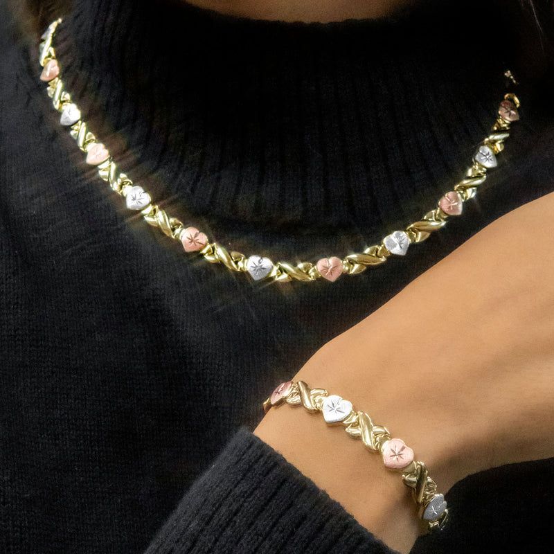YELLOW GOLD "XO HEART" HOLLOW TRI-COLOR NECKLACE & BRACELET SET FOR WOMEN | APPX 17.9 GRAMS