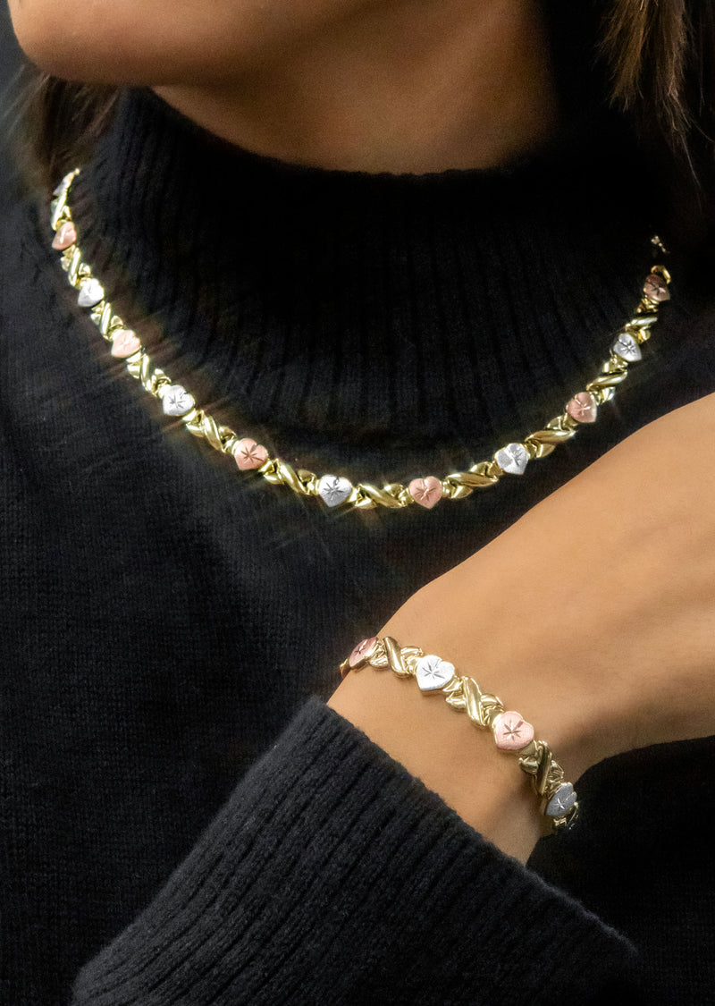 YELLOW GOLD "XO HEART" HOLLOW TRI-COLOR NECKLACE & BRACELET SET FOR WOMEN | APPX 17.9 GRAMS