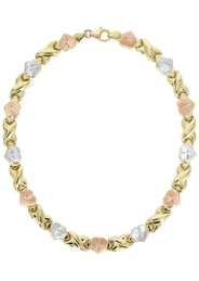 YELLOW GOLD "XO HEART" HOLLOW TRI-COLOR NECKLACE & BRACELET SET FOR WOMEN | APPX 17.9 GRAMS