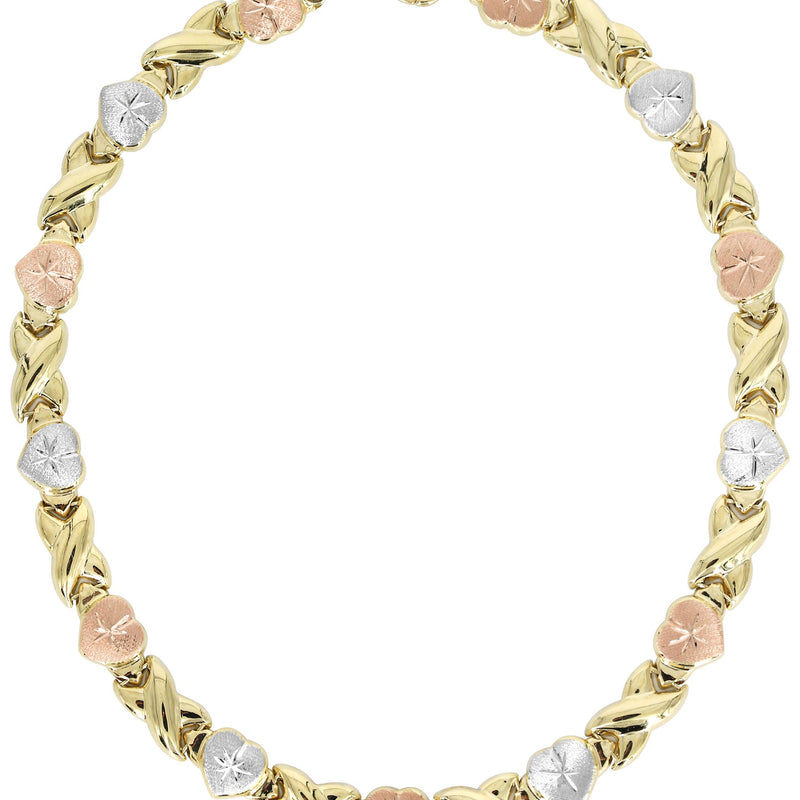 YELLOW GOLD "XO HEART" HOLLOW TRI-COLOR NECKLACE FOR WOMEN | APPX 12.5 GRAMS