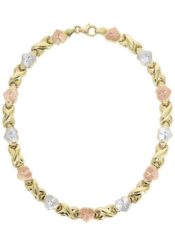 YELLOW GOLD "XO HEART" HOLLOW TRI-COLOR NECKLACE FOR WOMEN | APPX 12.5 GRAMS