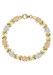 YELLOW GOLD "XO HEART" HOLLOW TRI-COLOR NECKLACE & BRACELET SET FOR WOMEN | APPX 17.9 GRAMS