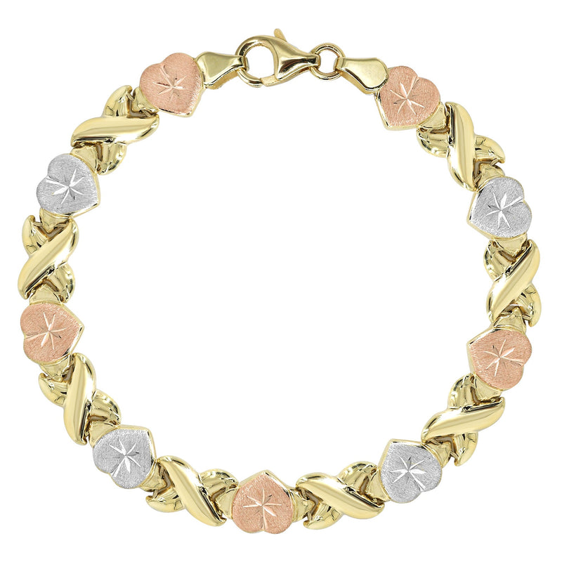 YELLOW GOLD "XO HEART" HOLLOW TRI-COLOR BRACELET FOR WOMEN | APPX 5.4 GRAMS
