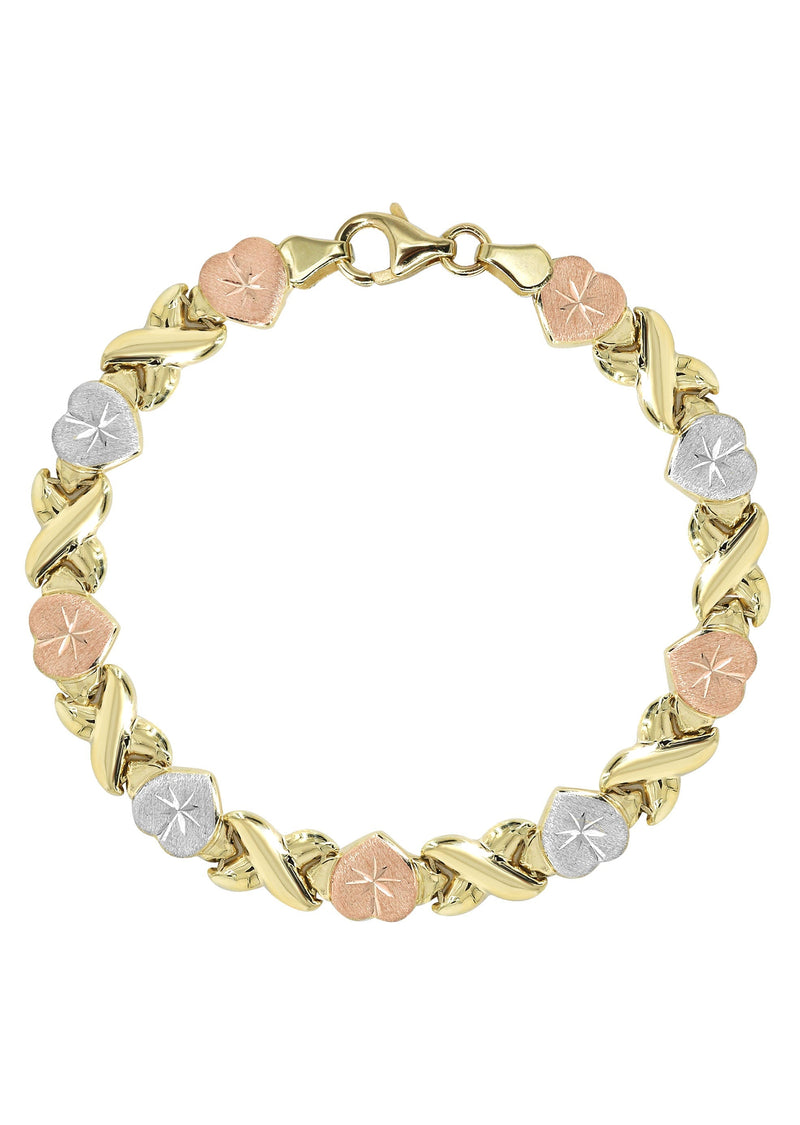 YELLOW GOLD "XO HEART" HOLLOW TRI-COLOR BRACELET FOR WOMEN | APPX 5.4 GRAMS