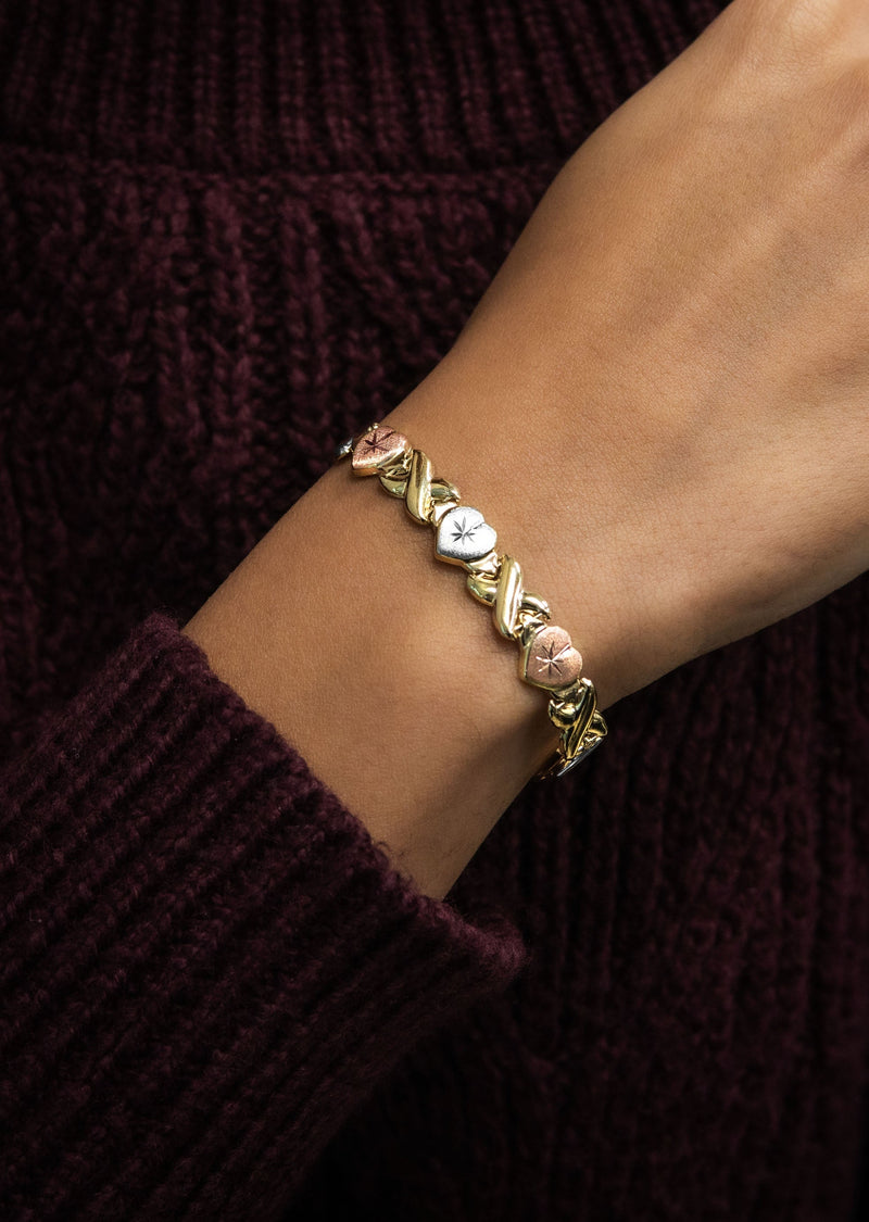 YELLOW GOLD "XO HEART" HOLLOW TRI-COLOR BRACELET FOR WOMEN | APPX 5.4 GRAMS