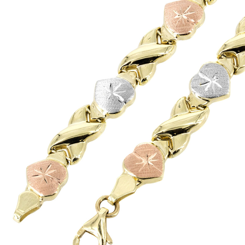 YELLOW GOLD "XO HEART" HOLLOW TRI-COLOR NECKLACE & BRACELET SET FOR WOMEN | APPX 17.9 GRAMS