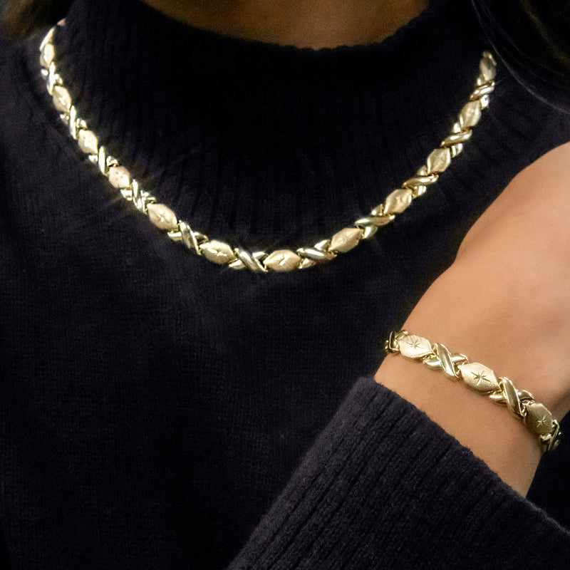 YELLOW GOLD "XO" HOLLOW NECKLACE & BRACELET SET FOR WOMEN | APPX 17.1 GRAMS