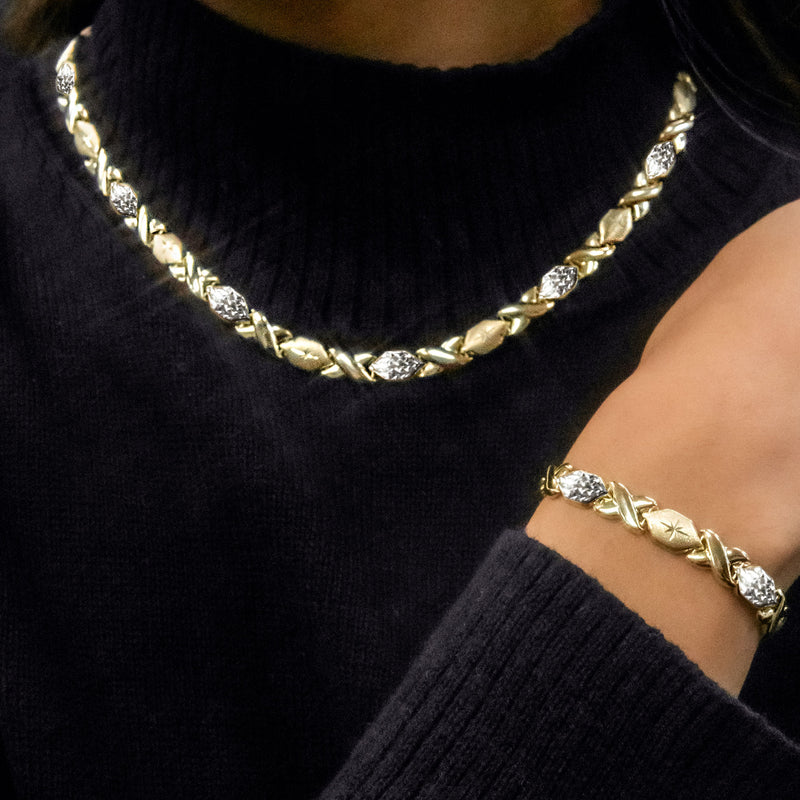YELLOW GOLD "XO" HOLLOW DIAMOND CUT TWO TONE NECKLACE & BRACELET SET FOR WOMEN | APPX 17.3 GRAMS