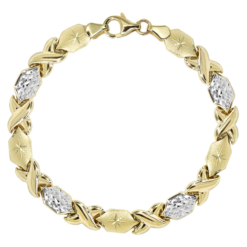 YELLOW GOLD "XO" HOLLOW DIAMOND CUT TWO TONE BRACELET FOR WOMEN | APPX 5.4 GRAMS