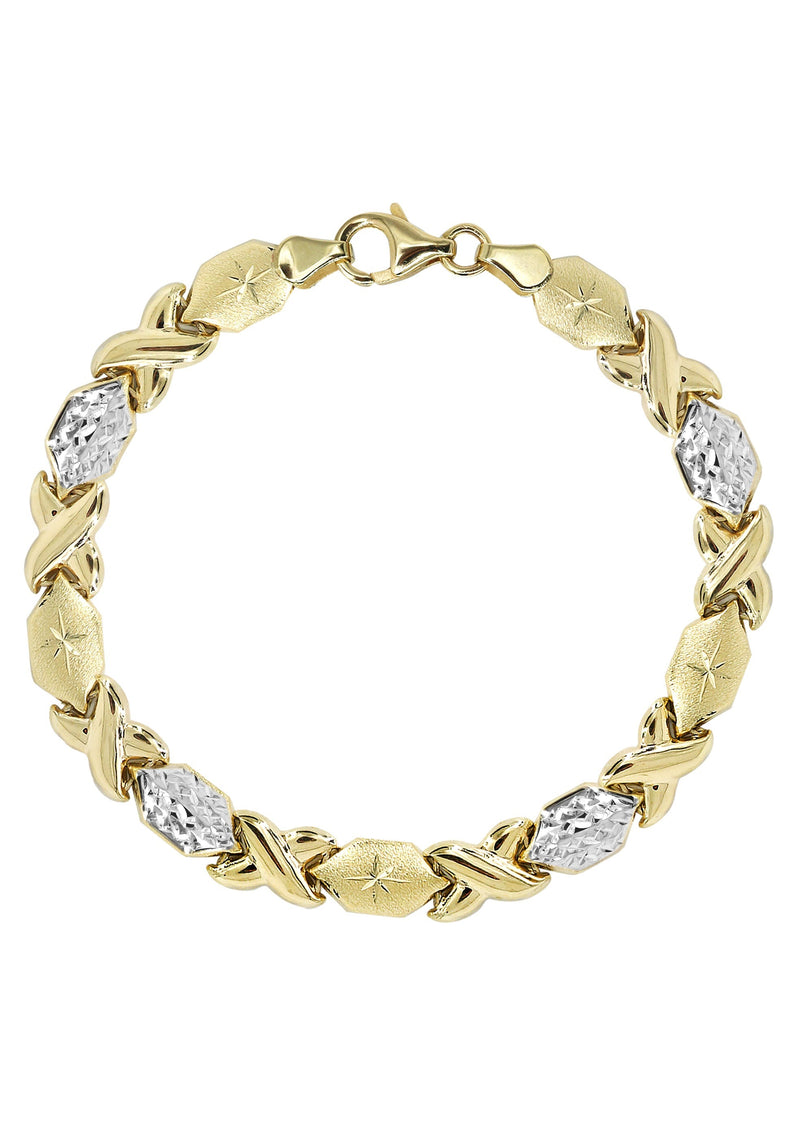 YELLOW GOLD "XO" HOLLOW DIAMOND CUT TWO TONE BRACELET FOR WOMEN | APPX 5.4 GRAMS