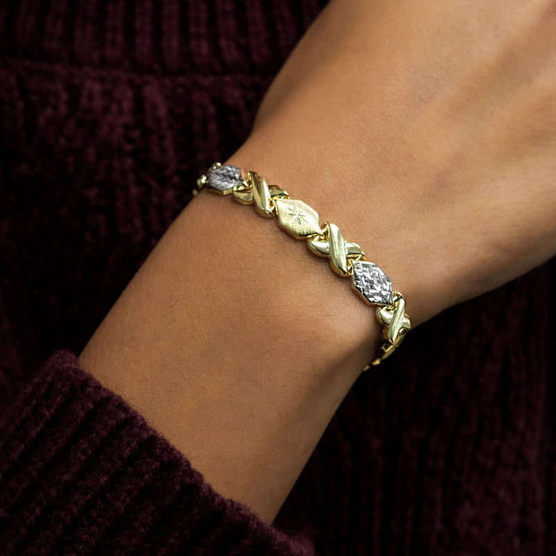 YELLOW GOLD "XO" HOLLOW DIAMOND CUT TWO TONE BRACELET FOR WOMEN | APPX 5.4 GRAMS