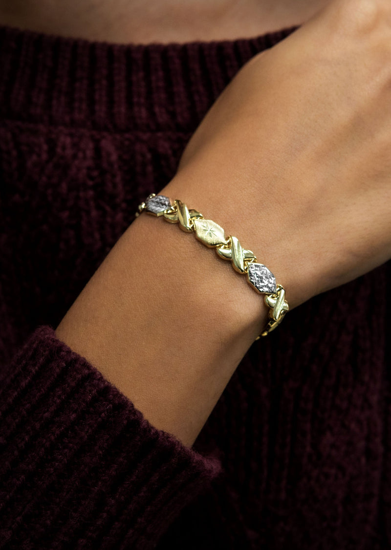 YELLOW GOLD "XO" HOLLOW DIAMOND CUT TWO TONE BRACELET FOR WOMEN | APPX 5.4 GRAMS