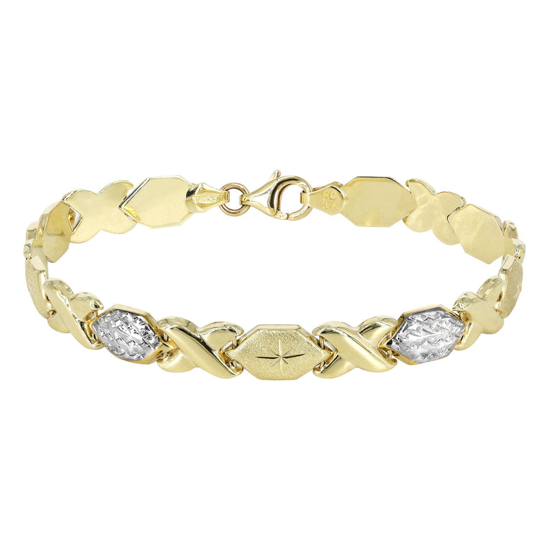YELLOW GOLD "XO" HOLLOW DIAMOND CUT TWO TONE BRACELET FOR WOMEN | APPX 5.4 GRAMS