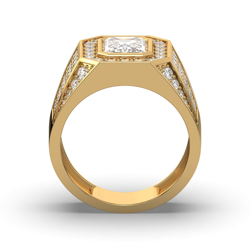 Men's Jewelry - Men's VVS Lab Diamond Ring | Emerald Cut and Round Halo | Yellow Gold