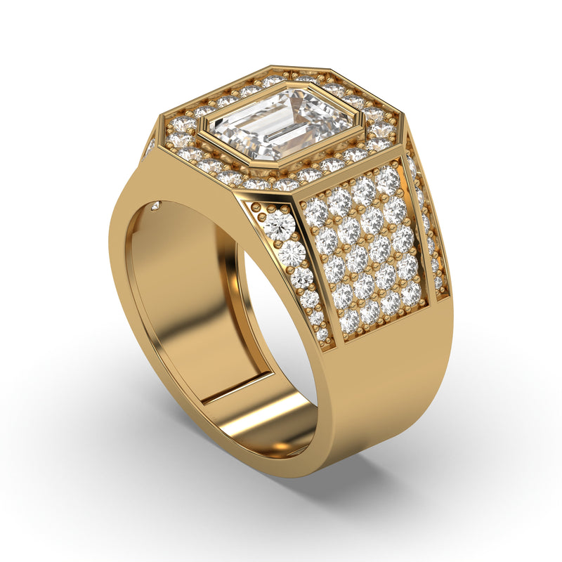 Men's Jewelry - Men's VVS Lab Diamond Ring | Emerald Cut and Round Halo | Yellow Gold