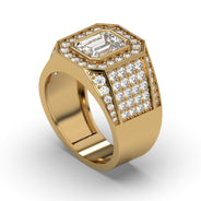 Men's Jewelry - Men's VVS Lab Diamond Ring | Emerald Cut and Round Halo | Yellow Gold