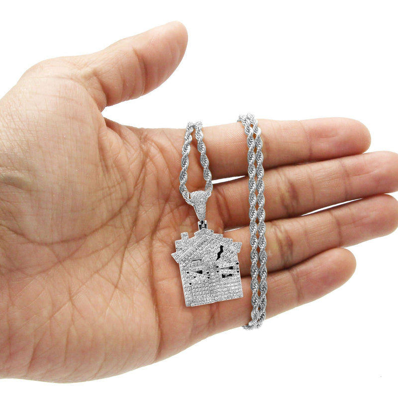 White Gold Plated Rope Chain & House Pendant | Appx. 20 Grams