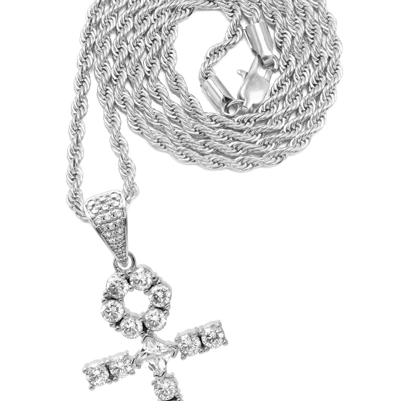 White Gold Plated Rope Chain & Ankh Pendant | Appx. 10 Grams