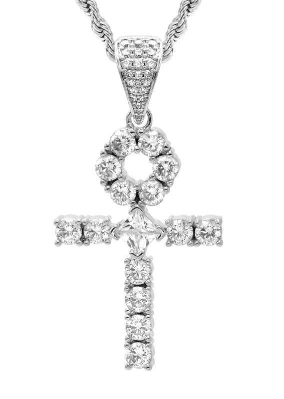 White Gold Plated Rope Chain & Ankh Pendant | Appx. 10 Grams