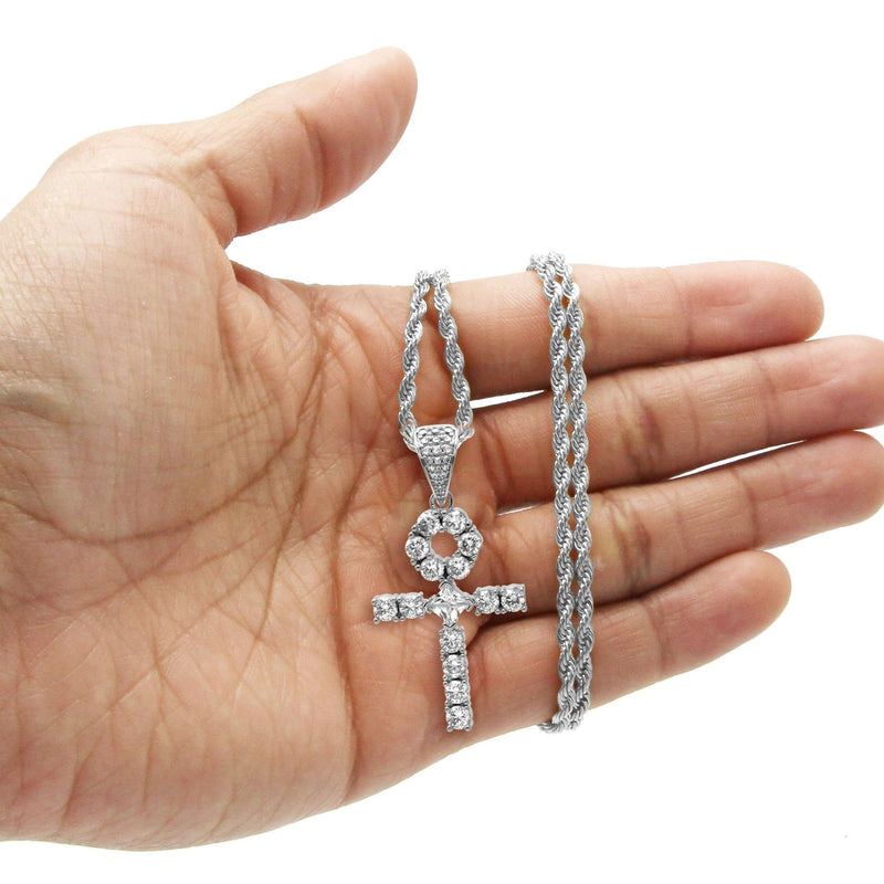 White Gold Plated Rope Chain & Ankh Pendant | Appx. 10 Grams