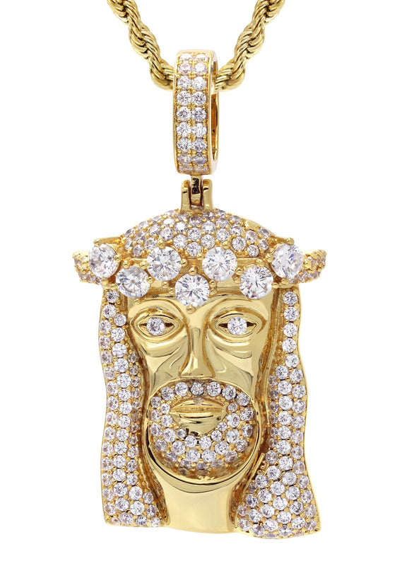 Gold Plated Rope Chain & Jesus Head Pendant | Appx. 26.7 Grams
