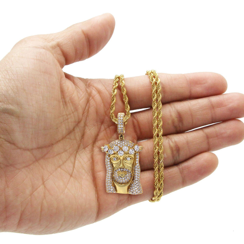 Gold Plated Rope Chain & Jesus Head Pendant | Appx. 26.7 Grams