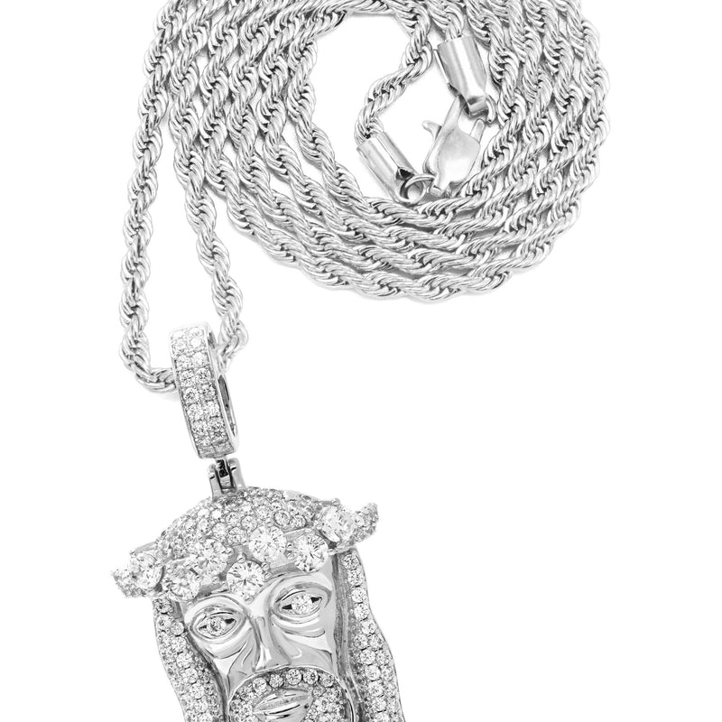 White Gold Plated Rope Chain & Jesus Head Pendant | Appx. 26.7 Grams