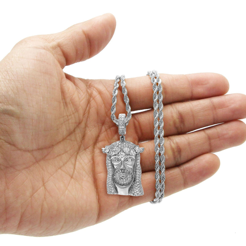 White Gold Plated Rope Chain & Jesus Head Pendant | Appx. 26.7 Grams