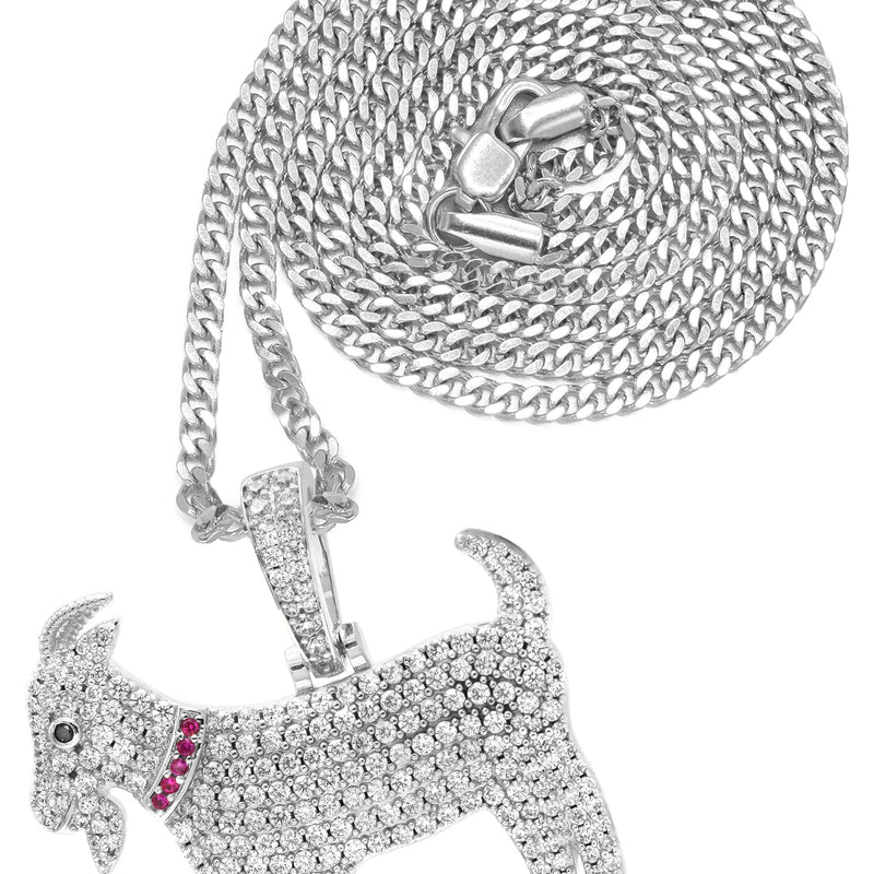 White Gold Plated Cuban Link Chain & Goat Pendant | Appx. 14.5 Grams