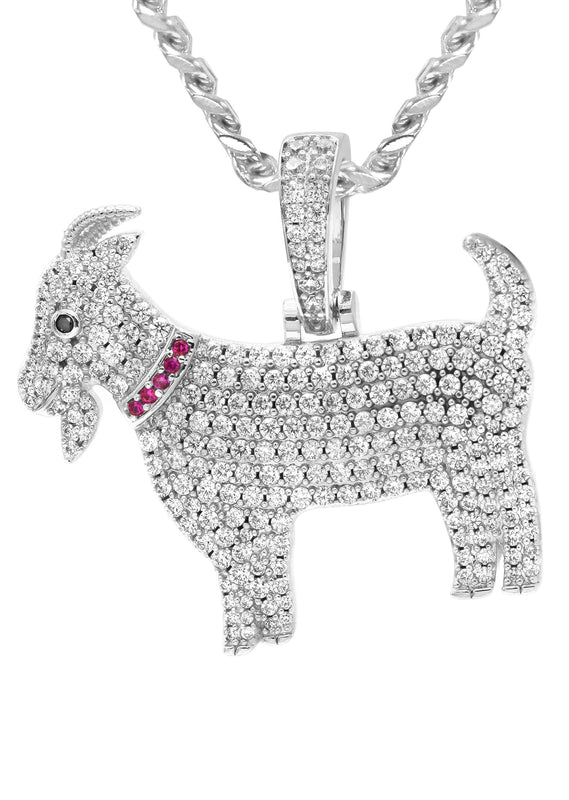 White Gold Plated Cuban Link Chain & Goat Pendant | Appx. 14.5 Grams
