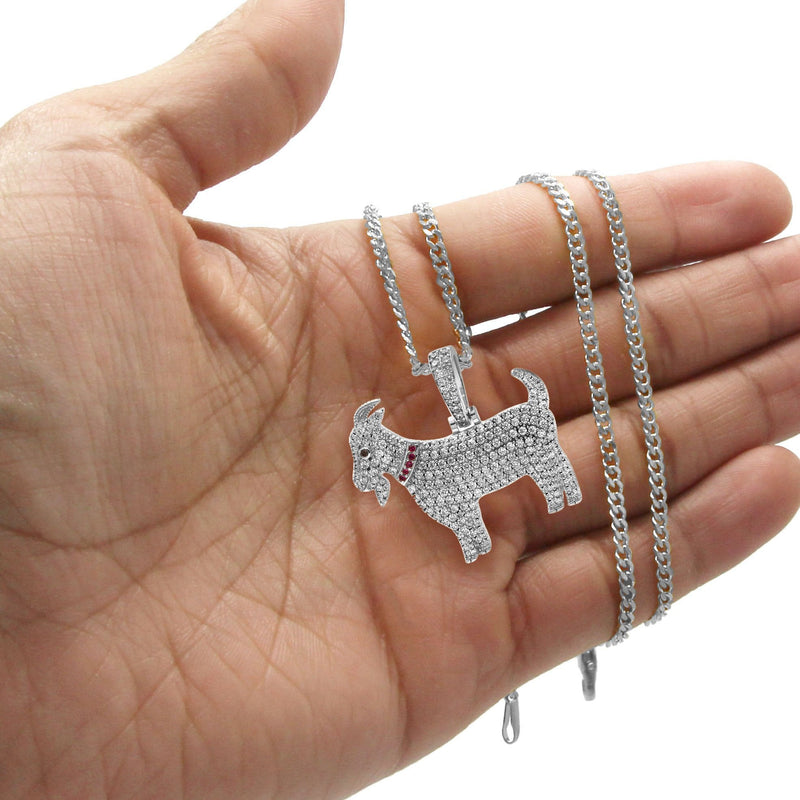 White Gold Plated Cuban Link Chain & Goat Pendant | Appx. 14.5 Grams