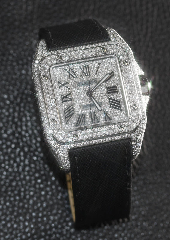 Diamond Cartier Santos 100 | Diamond Roman Dial | Diamond Case | Stainless Steel