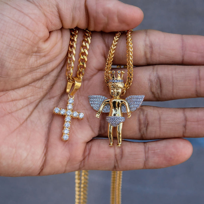 Gold Plated Iced Out Angel & Cross With Cuban Link & Franco Chain