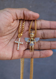 Gold Plated Iced Out Angel & Cross With Cuban Link & Franco Chain