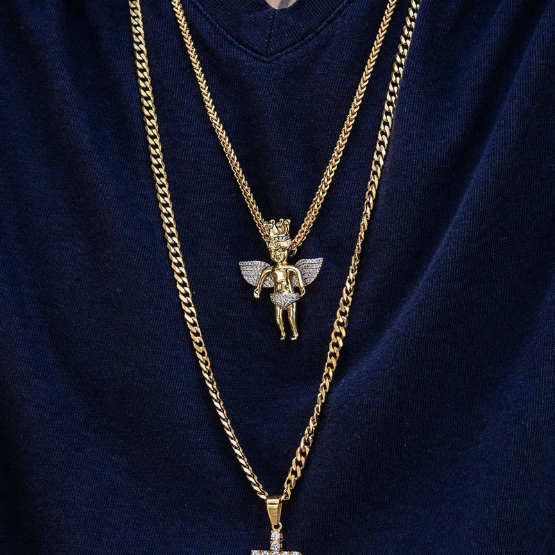 Gold Plated Iced Out Angel & Cross With Cuban Link & Franco Chain